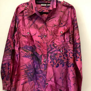 Women's Chico's Silk Pink Purple Floral Button Down Shirt L